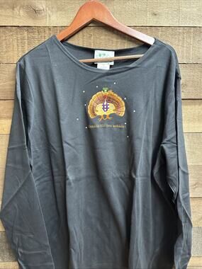 Quacker Factory Womens Shirt Turkey Gobble LS Black Embroidered 1X NWT